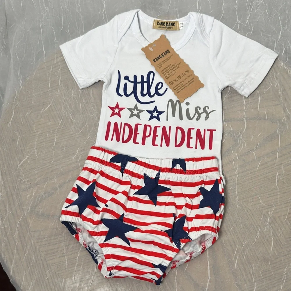 3/$20💥 Red‎ White & Blue Stars & Stripes Little Miss Independent Newborn Outfit